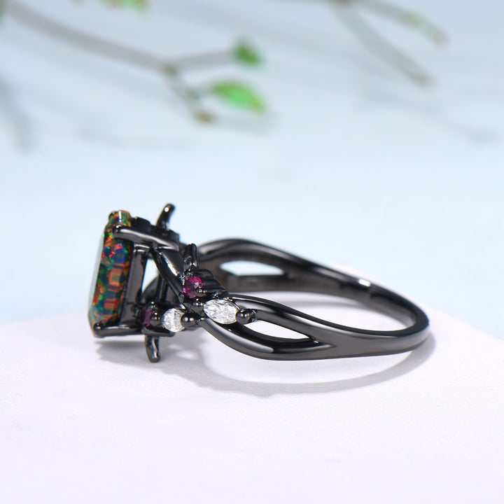 Handmade Black Gold Fire Opal Ring: Gothic Ruby Leaves, Hexagon Cut - PENFINE