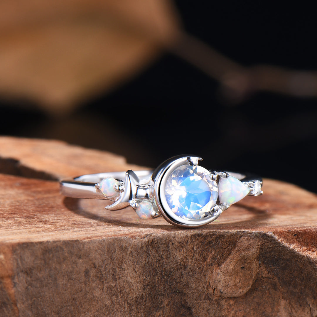 Unique 5mm Round Natural Rainbow Moonstone Opal Cluster Celestial Moon Wedding Ring - PENFINE