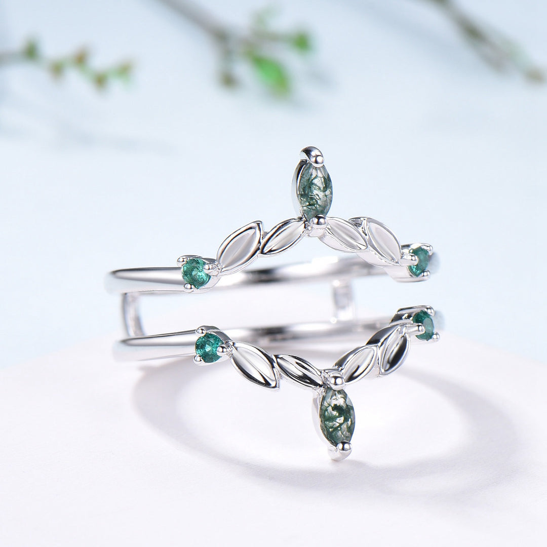 Moss Agate Marquise Wedding Band, Emerald Enhancer Ring, Solid Gold - PENFINE