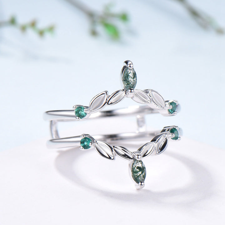 Moss Agate Marquise Wedding Band, Emerald Enhancer Ring, Solid Gold - PENFINE
