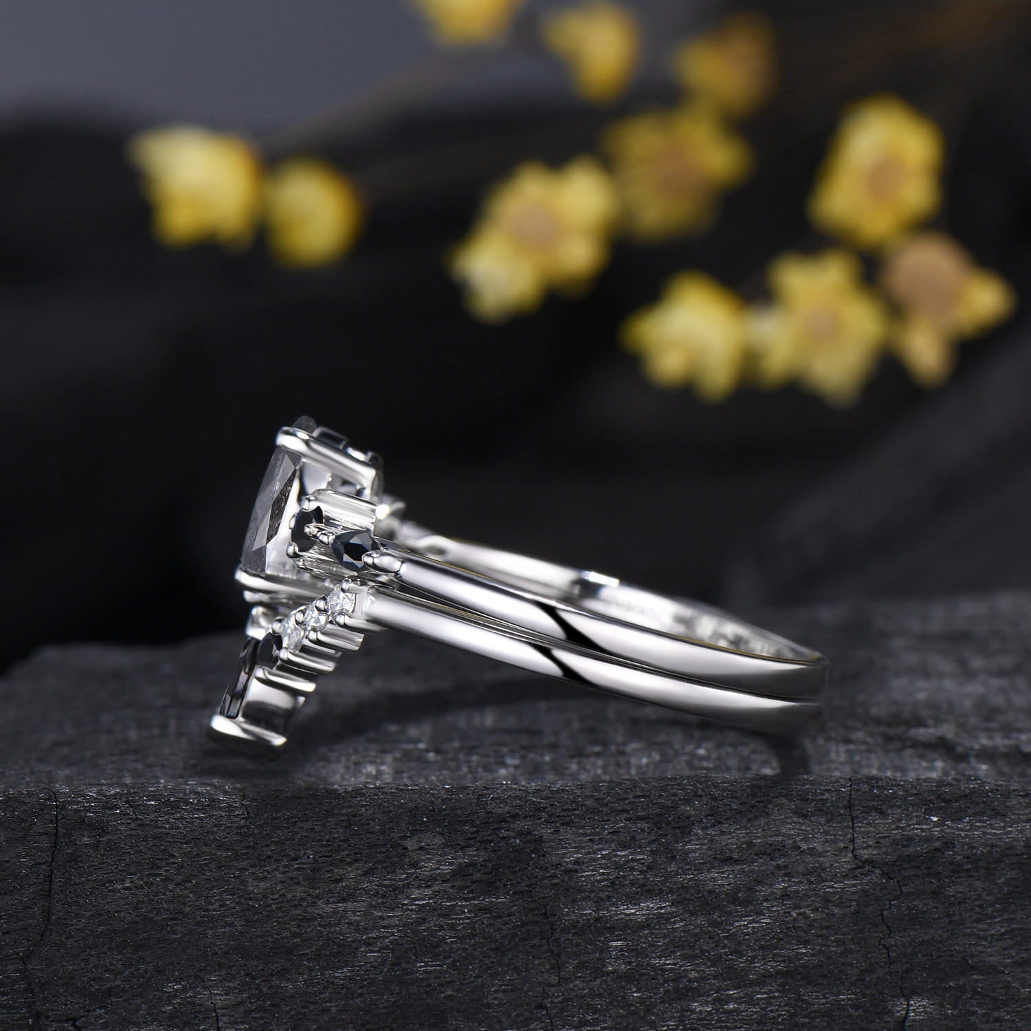 Moon Celestial Ring Set Oval Cut Salt and Pepper Diamond Engagement Ring Spinel Moissanite Matching Band