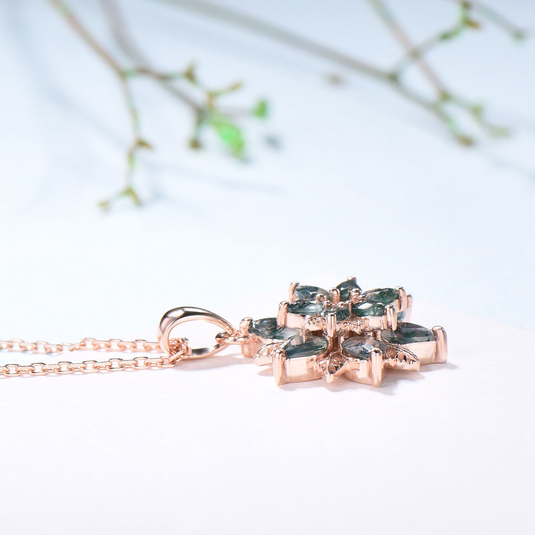 Tearsrop Moss Agate Flower Necklace - Double Halo Pendant, Leaf Vine - PENFINE