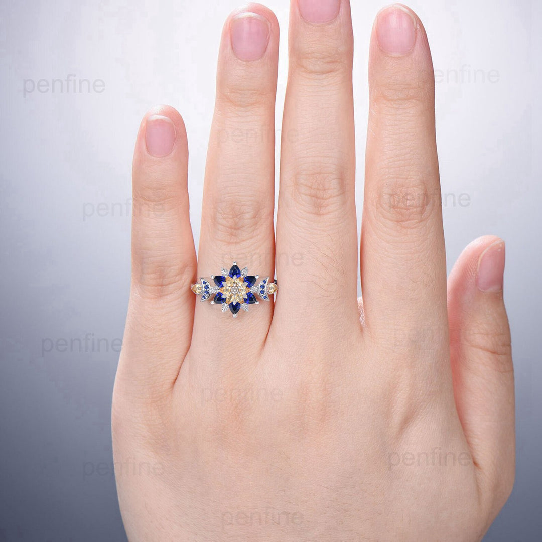 Celestial Sun and Moon Engagement Ring | Sapphire & Citrine Floral Mandala - PENFINE