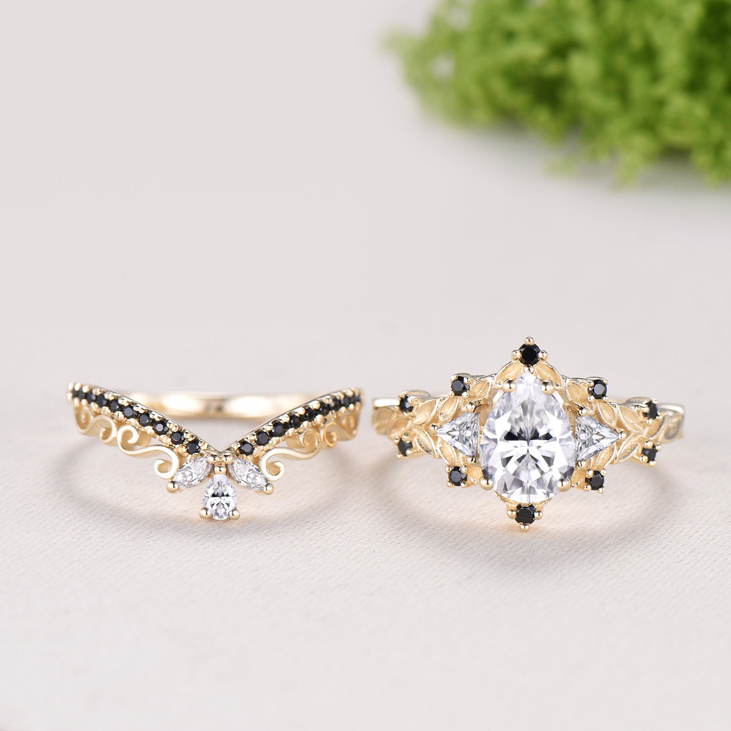 Nature Inspired Pear Shaped Moissanite Wedding Set Unique Moissanite Engagement Ring 14K Yellow Gold Leaf Vine Black Spinel Stacking Band