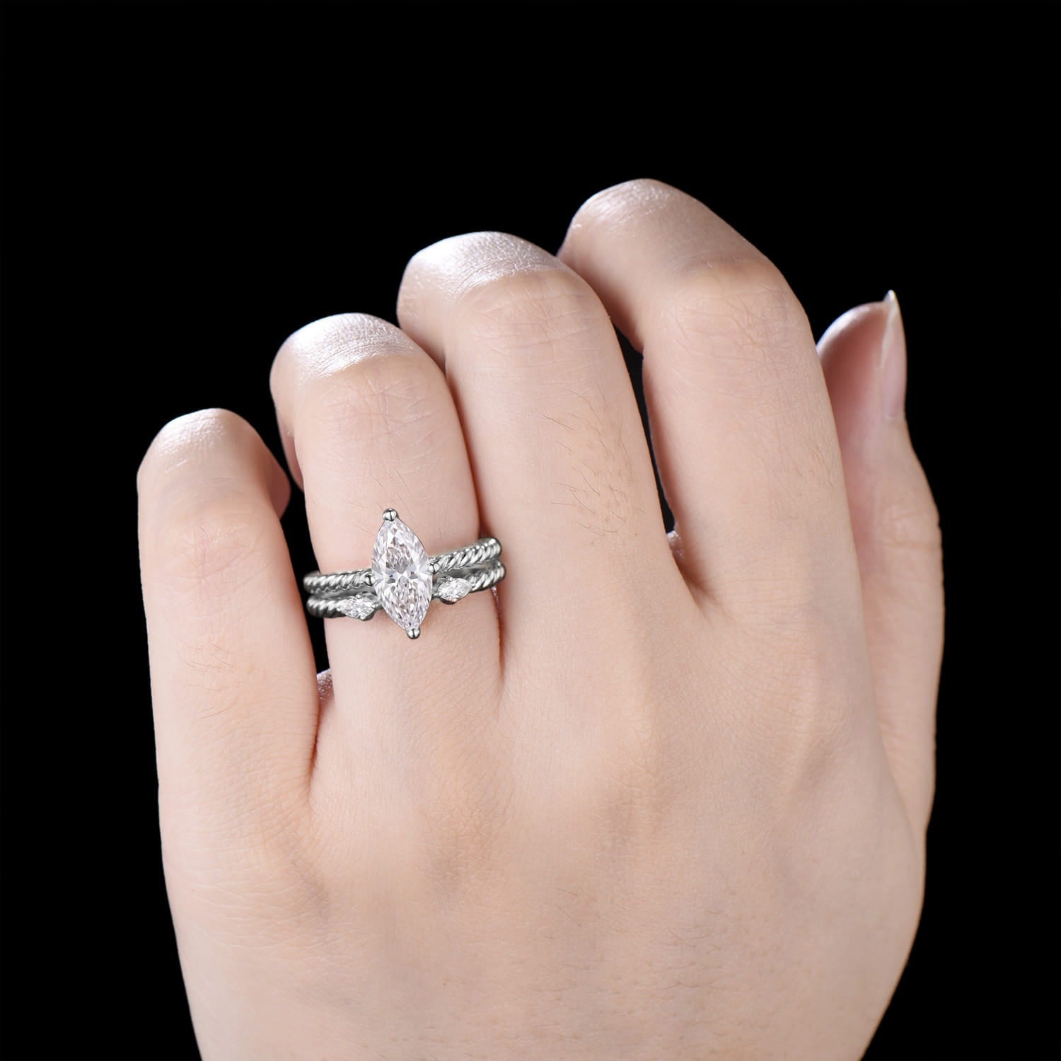 Vintage 1CT Marquise Cut Lab Grown Diamond Rope Engagement Ring Set Twisted Rope Band Diamond Bridal Set