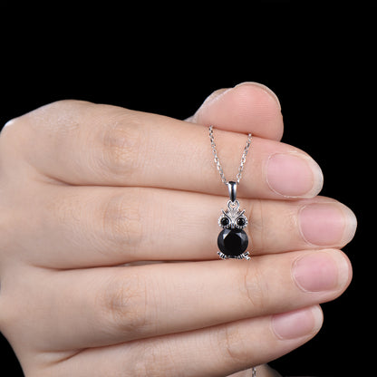 Unique Cute Owl Natural Black Onyx Wedding Necklace Night Owl Pendant Animal Inspired Gemstone Anniversary Gift
