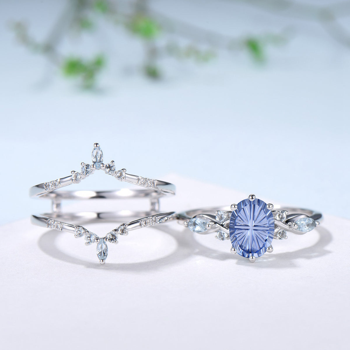 Oval Shaped Fantasy Cut Cornflower Blue Sapphire Engagement Ring Aquamarine Diamond  enhancer Ring Set