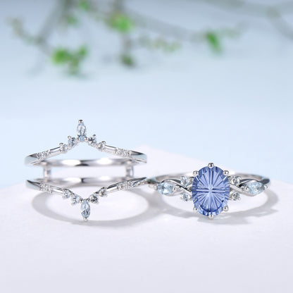 Oval Shaped Fantasy Cut Cornflower Blue Sapphire Engagement Ring Aquamarine Diamond  enhancer Ring Set