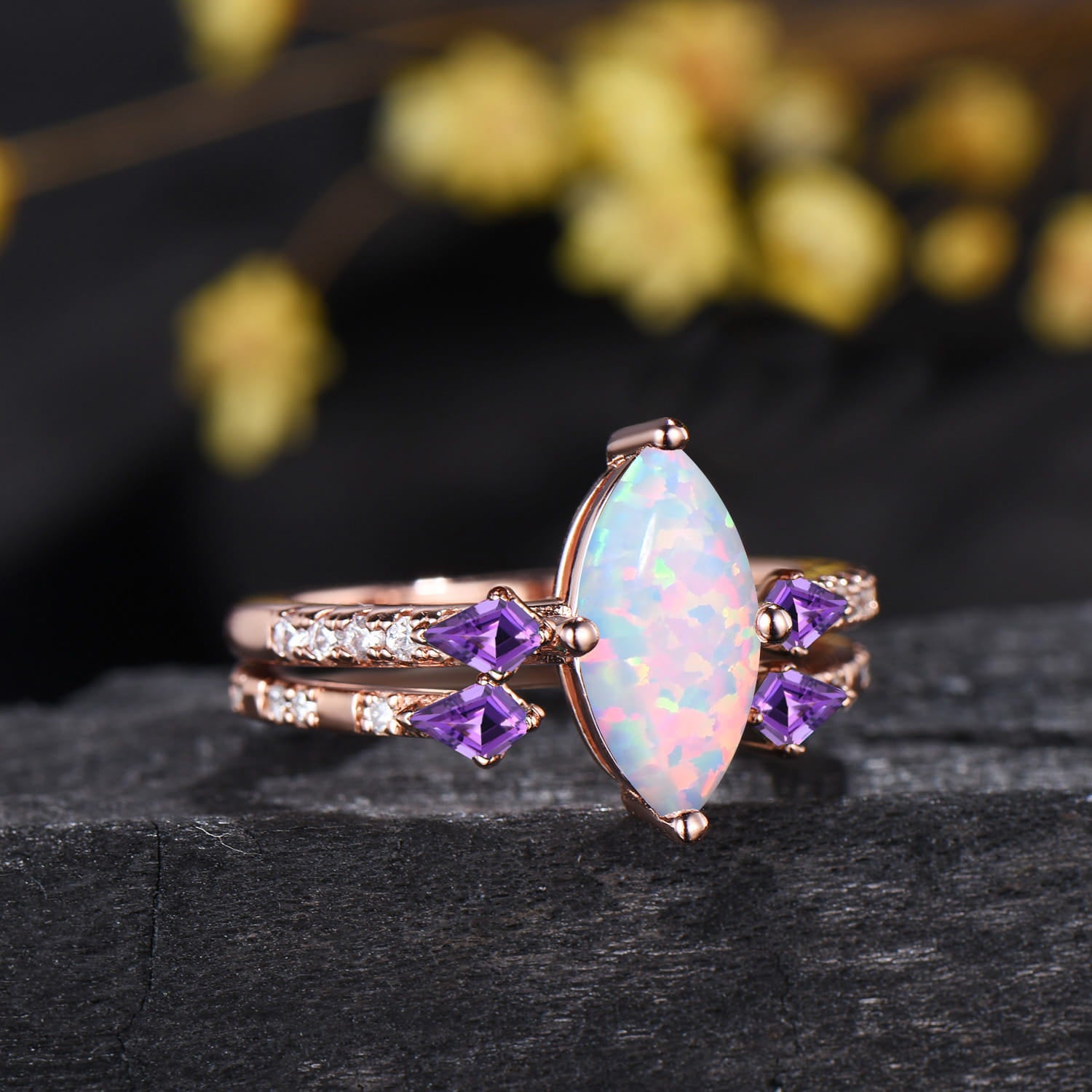 1CT Marquise Cut White Opal Engagement Ring Set, October Birthstone Amethyst Wedding Ring Set