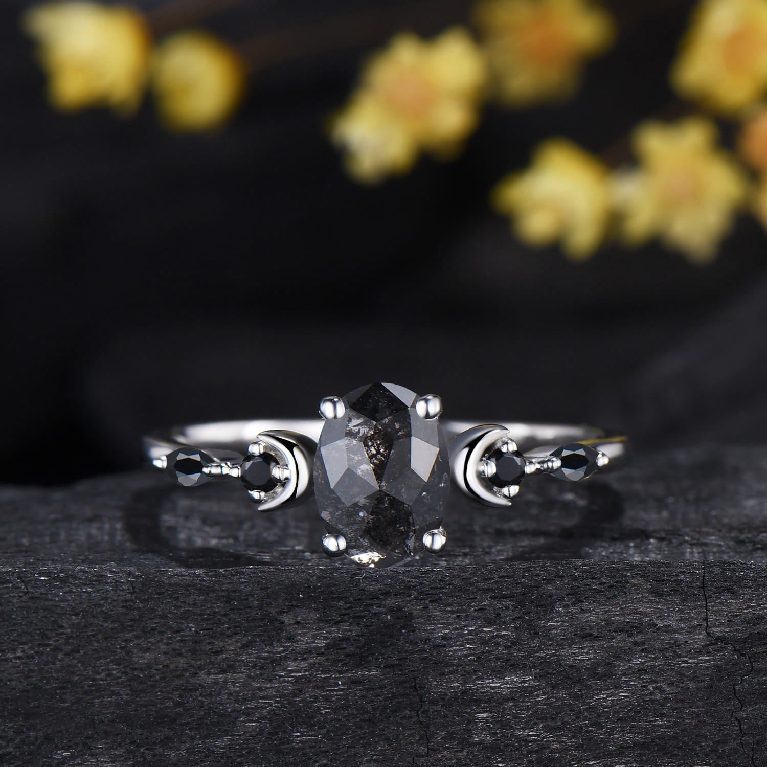 Moon Celestial Ring Set Oval Cut Salt and Pepper Diamond Engagement Ring Spinel Moissanite Matching Band