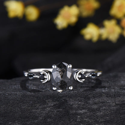 Moon Celestial Ring Set Oval Cut Salt and Pepper Diamond Engagement Ring Spinel Moissanite Matching Band