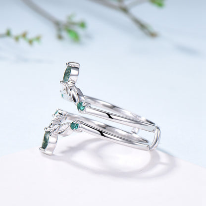 Moss Agate Marquise Wedding Band, Emerald Enhancer Ring, Solid Gold - PENFINE