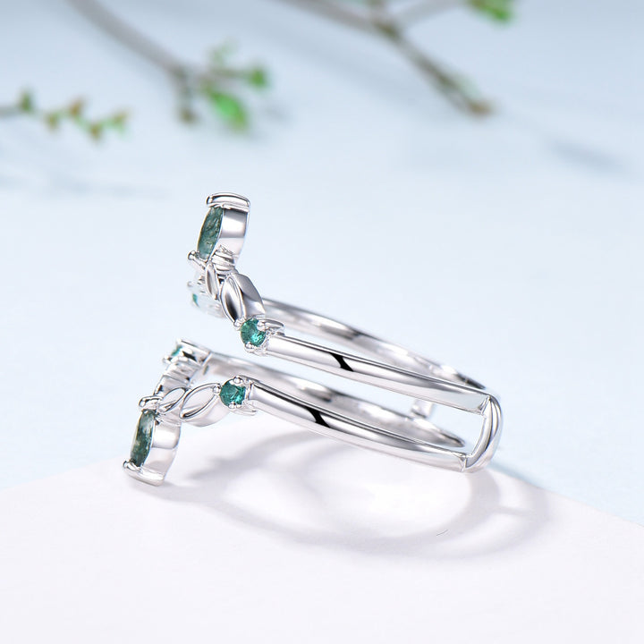 Moss Agate Marquise Wedding Band, Emerald Enhancer Ring, Solid Gold - PENFINE