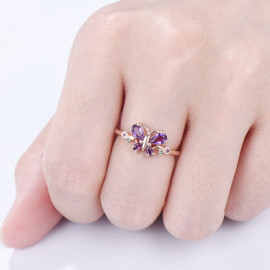 Unique Butterfly Ring Amethyst Engagement Ring teardrop amethyst silver rose gold flower promise ring emerald anniversary gift women - PENFINE