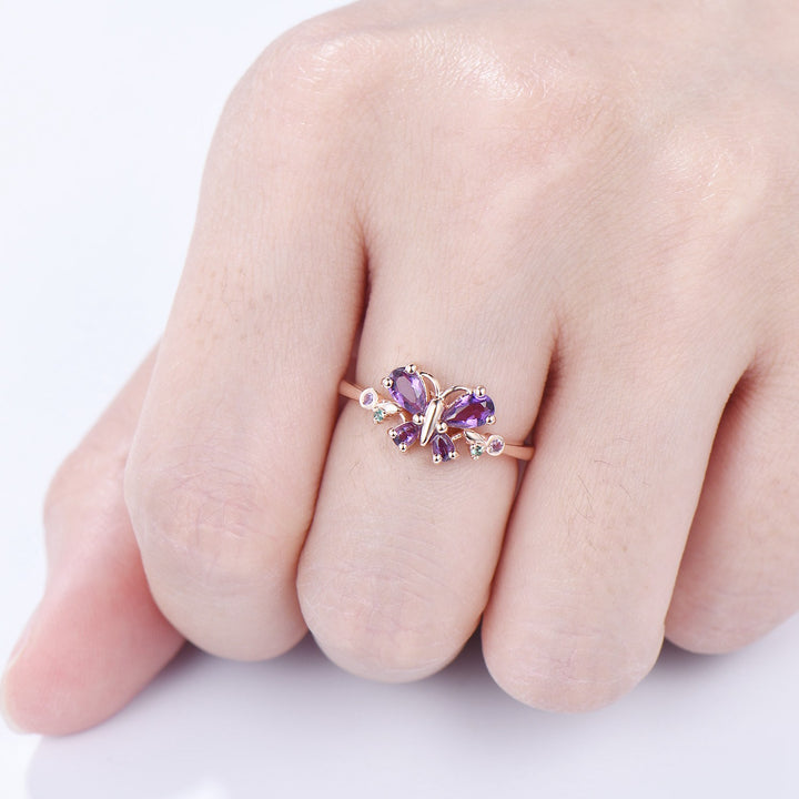 Unique Butterfly Ring Amethyst Engagement Ring teardrop amethyst silver rose gold flower promise ring emerald anniversary gift women - PENFINE