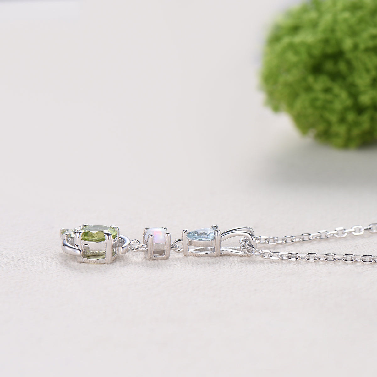 Dainty Peridot Moon Pendant, White Gold Necklace, Opal Aquamarine Branch Necklace