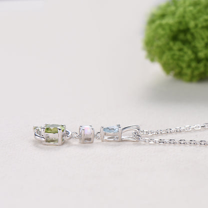 Dainty Peridot Moon Pendant, White Gold Necklace, Opal Aquamarine Branch Necklace