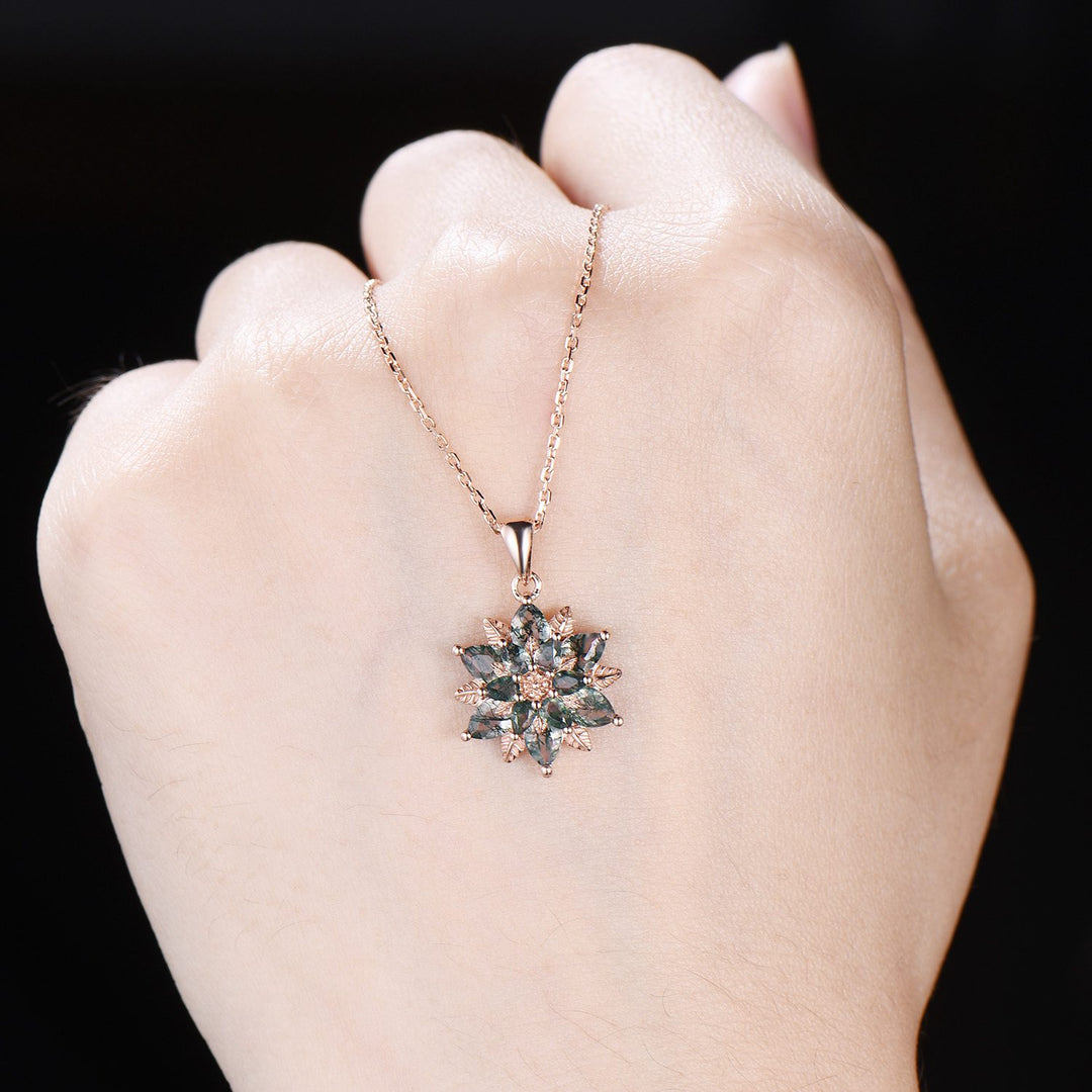 Tearsrop Moss Agate Flower Necklace - Double Halo Pendant, Leaf Vine - PENFINE