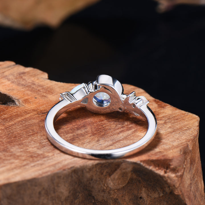 Unique 5mm Round Natural Rainbow Moonstone Opal Cluster Celestial Moon Wedding Ring - PENFINE