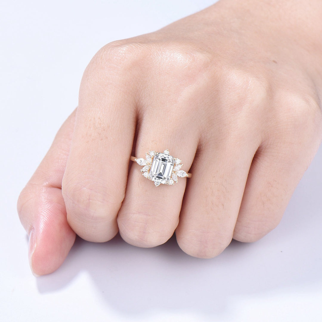 Custom Halo Emerald Cut Moissanite Engagement Ring 14K Yellow Gold  Cluster Marquise Moissanite Wedding Ring Unique Anniversary Promise Gift - PENFINE