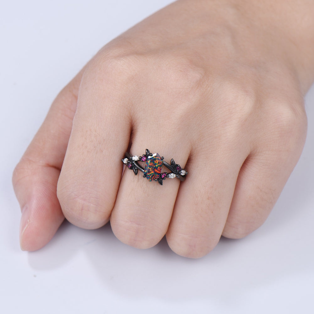 Handmade Black Gold Fire Opal Ring: Gothic Ruby Leaves, Hexagon Cut - PENFINE