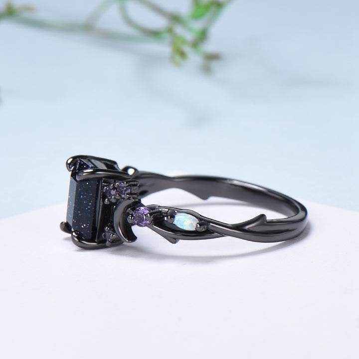 Unique Black Gold Blue Sandstone Ring Emerald Cut Vintage Galaxy Moon Engagement Ring Cluster Opal Amethyst Wedding Ring Promise Gift Women - PENFINE