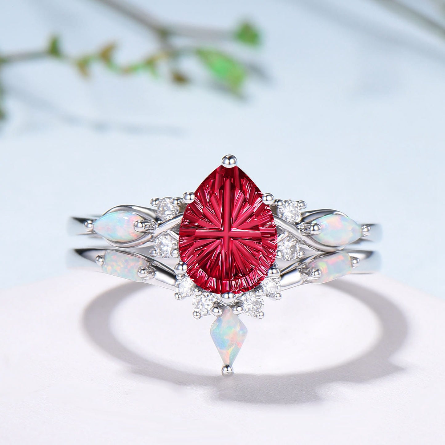 Vintage Starburst Cut Red Ruby Wedding Ring Set Pear Shaped Ruby Opal Engagement Ring Set