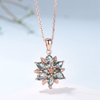 Tearsrop Moss Agate Flower Necklace - Double Halo Pendant, Leaf Vine - PENFINE