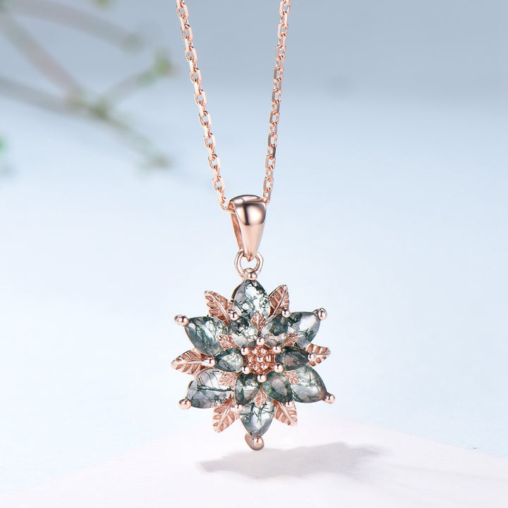 Tearsrop Moss Agate Flower Necklace - Double Halo Pendant, Leaf Vine - PENFINE