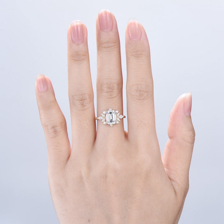 Custom Halo Emerald Cut Moissanite Engagement Ring 14K Yellow Gold  Cluster Marquise Moissanite Wedding Ring Unique Anniversary Promise Gift - PENFINE