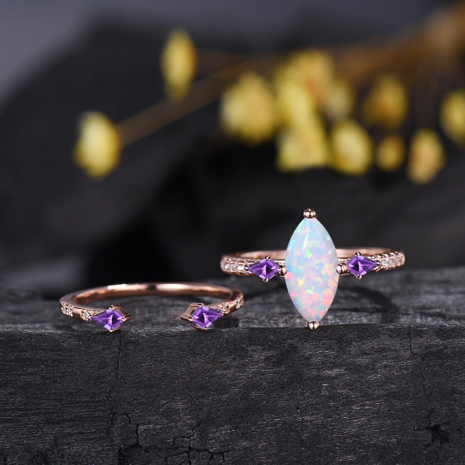 1CT Marquise Cut White Opal Engagement Ring Set, October Birthstone Amethyst Wedding Ring Set