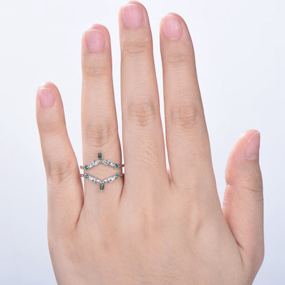 Moss Agate Marquise Wedding Band, Emerald Enhancer Ring, Solid Gold - PENFINE