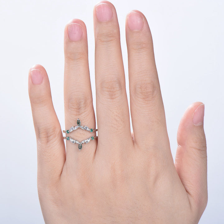 Moss Agate Marquise Wedding Band, Emerald Enhancer Ring, Solid Gold - PENFINE