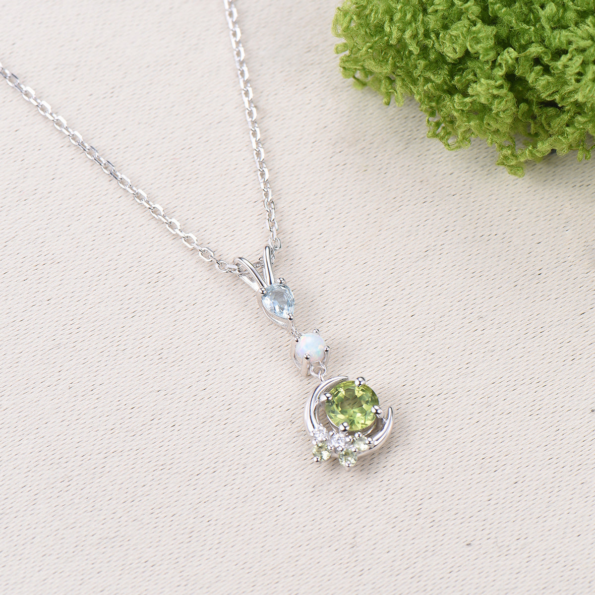 Dainty Peridot Moon Pendant, White Gold Necklace, Opal Aquamarine Branch Necklace