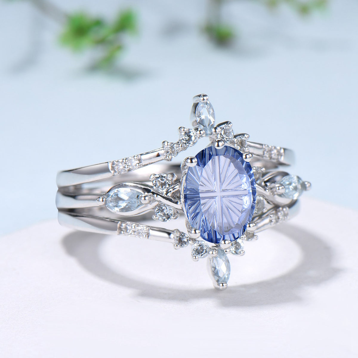 Oval Shaped Fantasy Cut Cornflower Blue Sapphire Engagement Ring Aquamarine Diamond  enhancer Ring Set