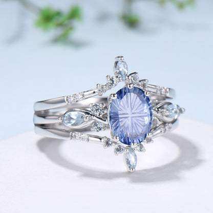 Oval Shaped Fantasy Cut Cornflower Blue Sapphire Engagement Ring Aquamarine Diamond  enhancer Ring Set