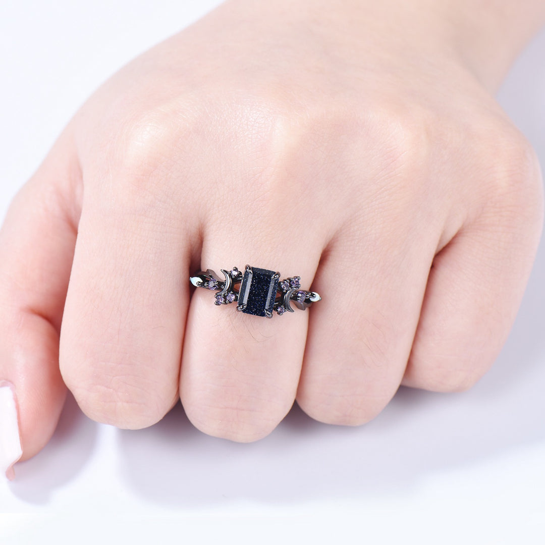 Unique Black Gold Blue Sandstone Ring Emerald Cut Vintage Galaxy Moon Engagement Ring Cluster Opal Amethyst Wedding Ring Promise Gift Women - PENFINE