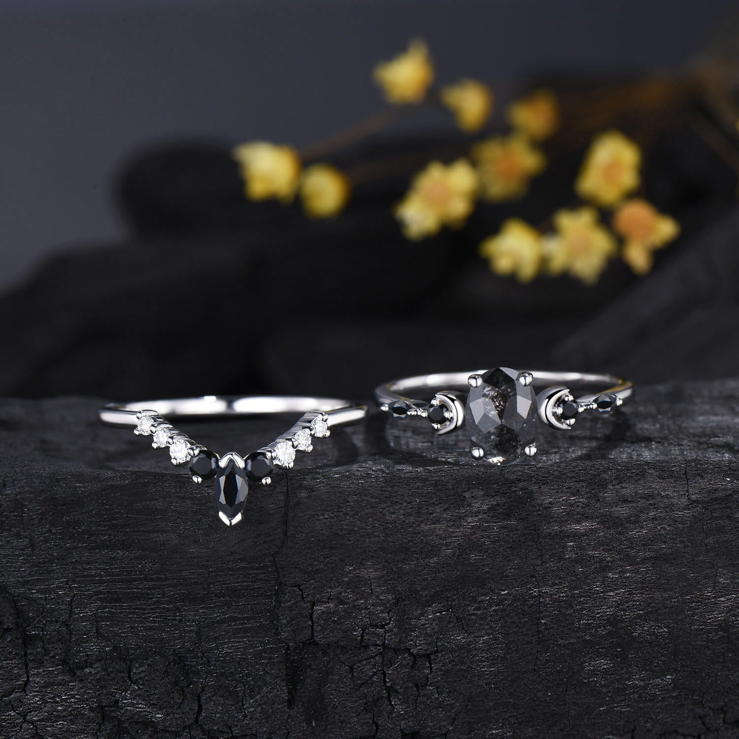 Moon Celestial Ring Set Oval Cut Salt and Pepper Diamond Engagement Ring Spinel Moissanite Matching Band