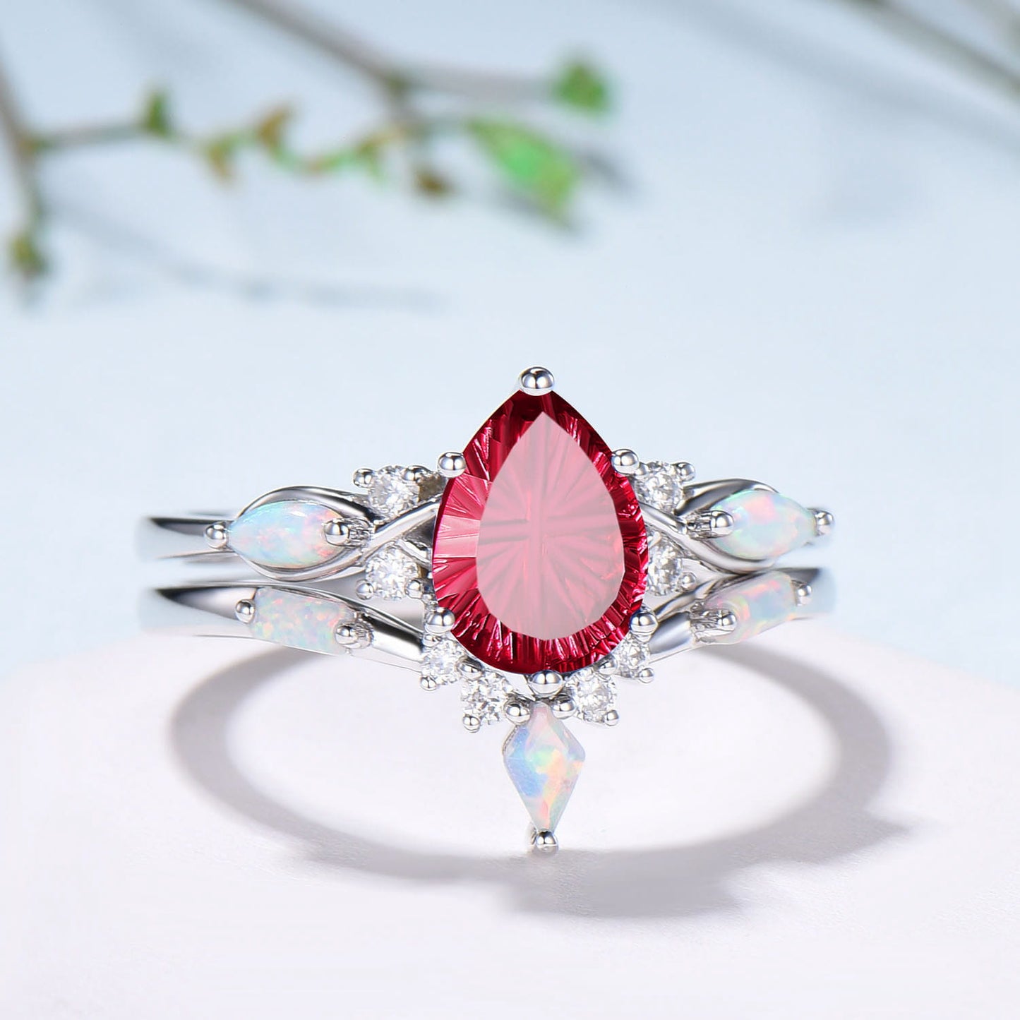 Vintage Starburst Cut Red Ruby Wedding Ring Set Pear Shaped Ruby Opal Engagement Ring Set