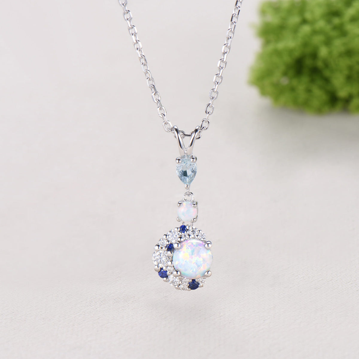 Unique Round Cut Opal Moon Necklace Moissanite Halo Aquamarine White Gold Wedding Pendant