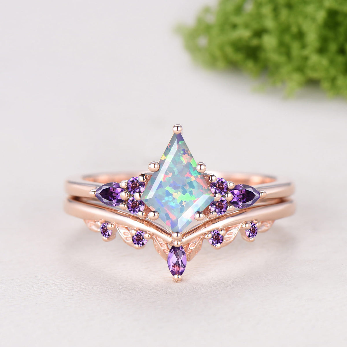 Kite Cut White Opal 7 Stone Engagement Ring Amethyst Rose Gold Bridal Set