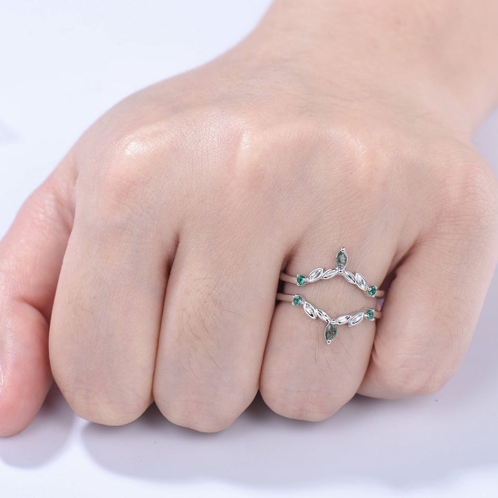 Moss Agate Marquise Wedding Band, Emerald Enhancer Ring, Solid Gold - PENFINE