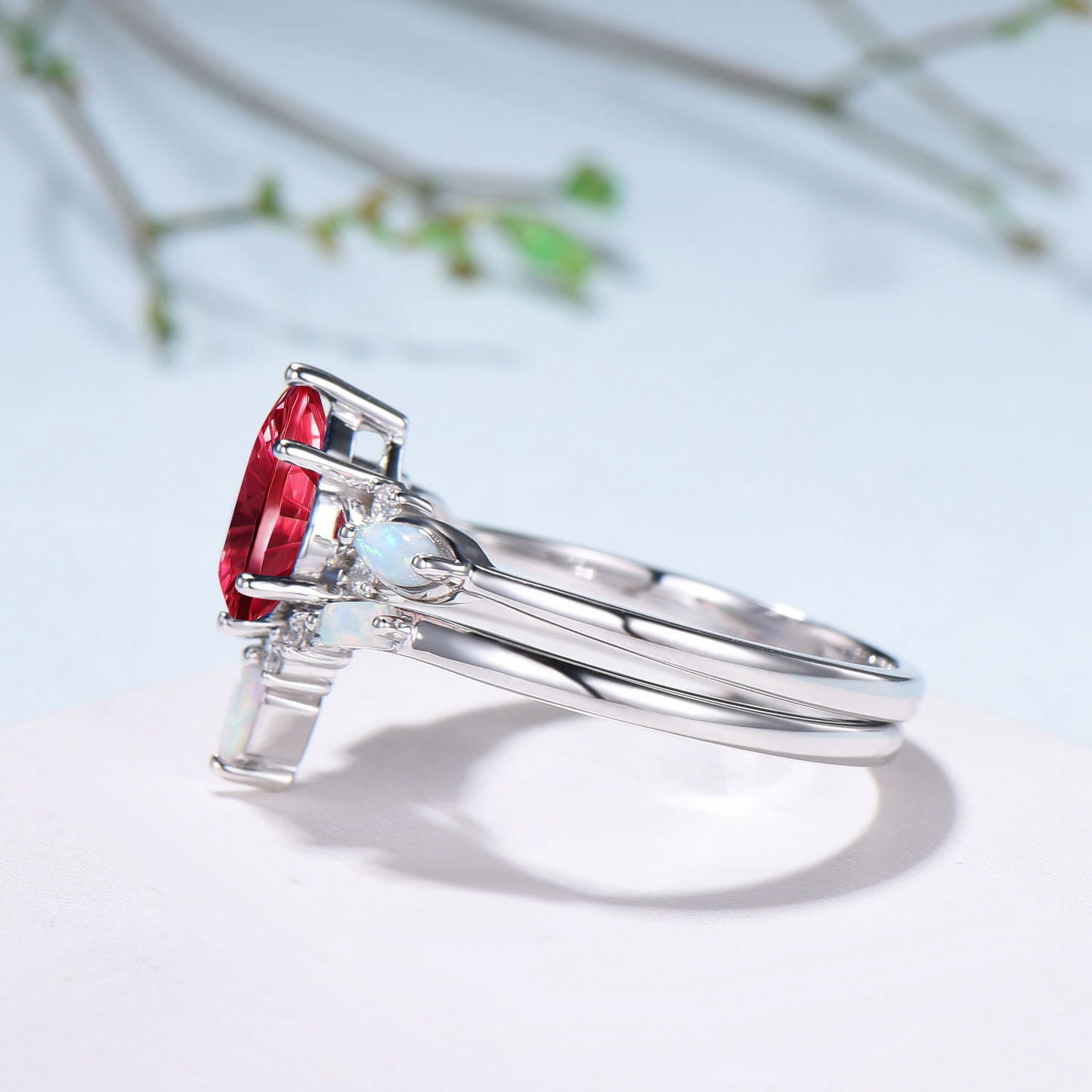 Vintage Starburst Cut Red Ruby Wedding Ring Set Pear Shaped Ruby Opal Engagement Ring Set