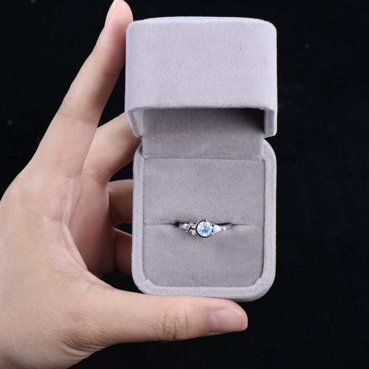 Unique 5mm Round Natural Rainbow Moonstone Opal Cluster Celestial Moon Wedding Ring - PENFINE