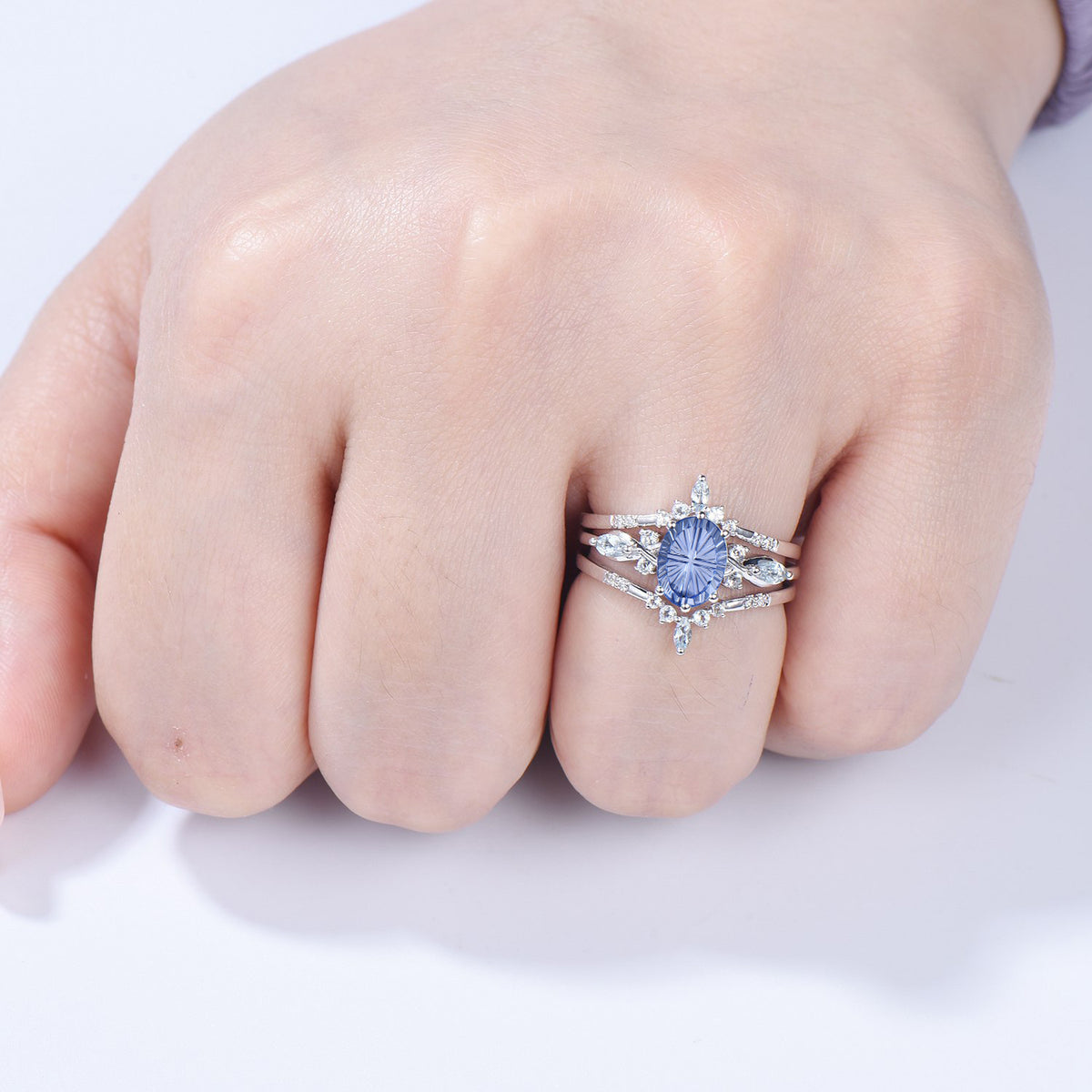 Oval Shaped Fantasy Cut Cornflower Blue Sapphire Engagement Ring Aquamarine Diamond  enhancer Ring Set