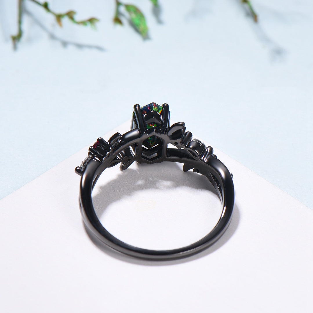Handmade Black Gold Fire Opal Ring: Gothic Ruby Leaves, Hexagon Cut - PENFINE