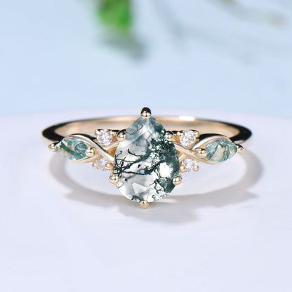 Vintage Pear Shaped Natural Green Moss Agate Engagement Ring Set Unique 14k Rose Gold Vine Marquise Agate Wedding Ring Set Ring for Women - PENFINE