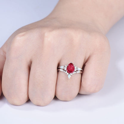 Vintage Starburst Cut Red Ruby Wedding Ring Set Pear Shaped Ruby Opal Engagement Ring Set