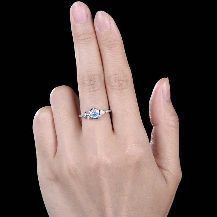 Unique 5mm Round Natural Rainbow Moonstone Opal Cluster Celestial Moon Wedding Ring - PENFINE