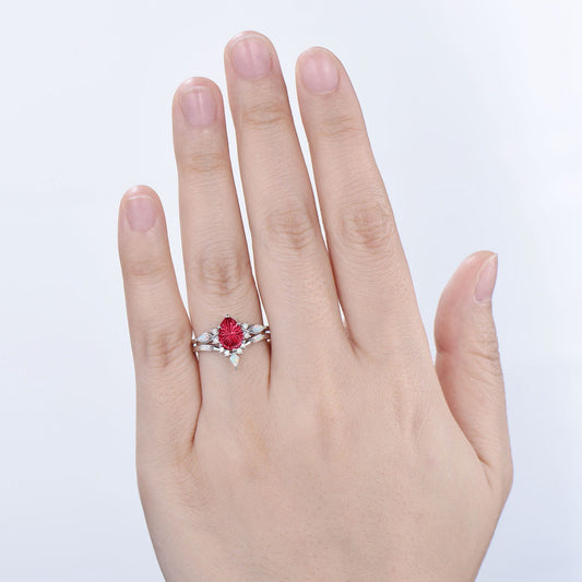 Vintage Starburst Cut Red Ruby Wedding Ring Set Pear Shaped Ruby Opal Engagement Ring Set